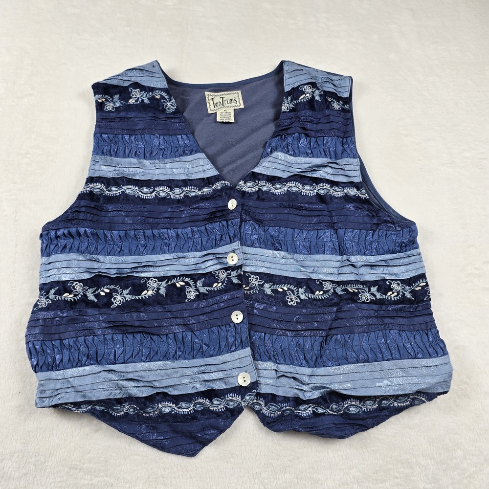 Vintage Tantrums Vest Womens Medium Blue Pleated Embroidered Patchwork Boho